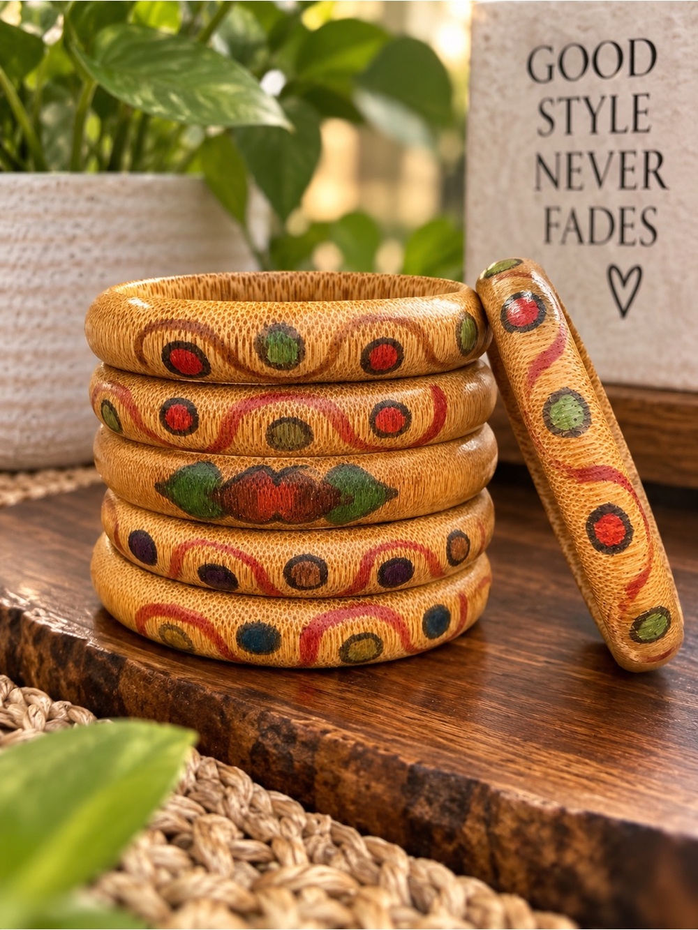 Vintage Style Wooden Hand Painted Bangles Made in India Set Of 5